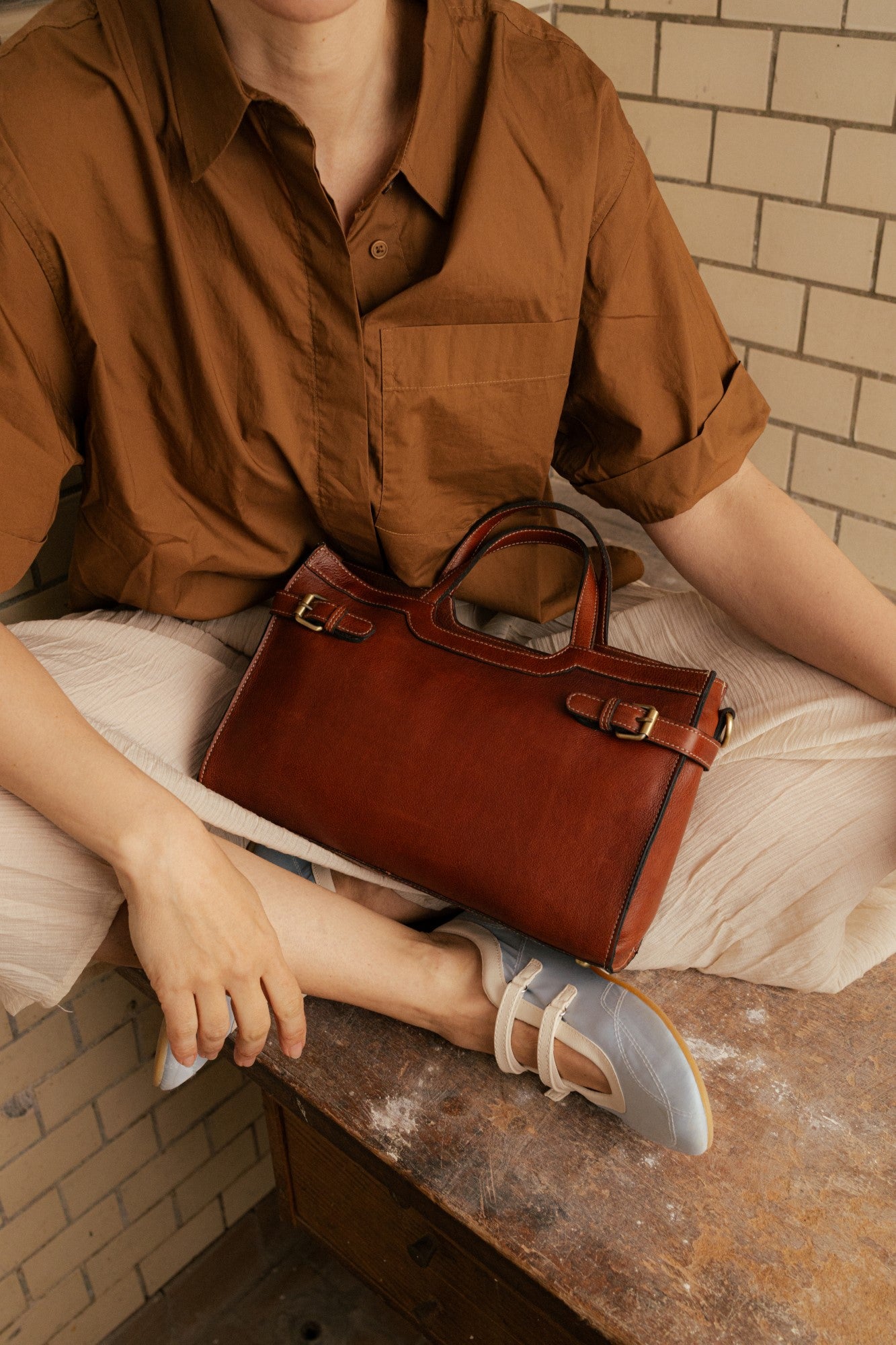 May leðurtaska minni, koníaksbrún