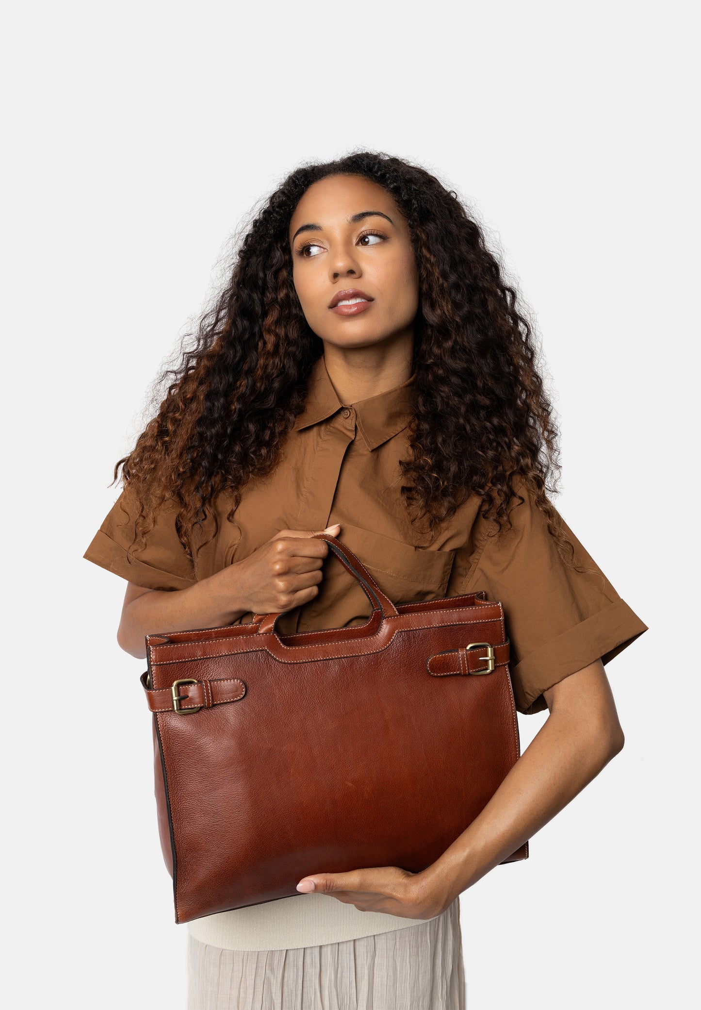 May leðurtaska stór, koníaksbrún